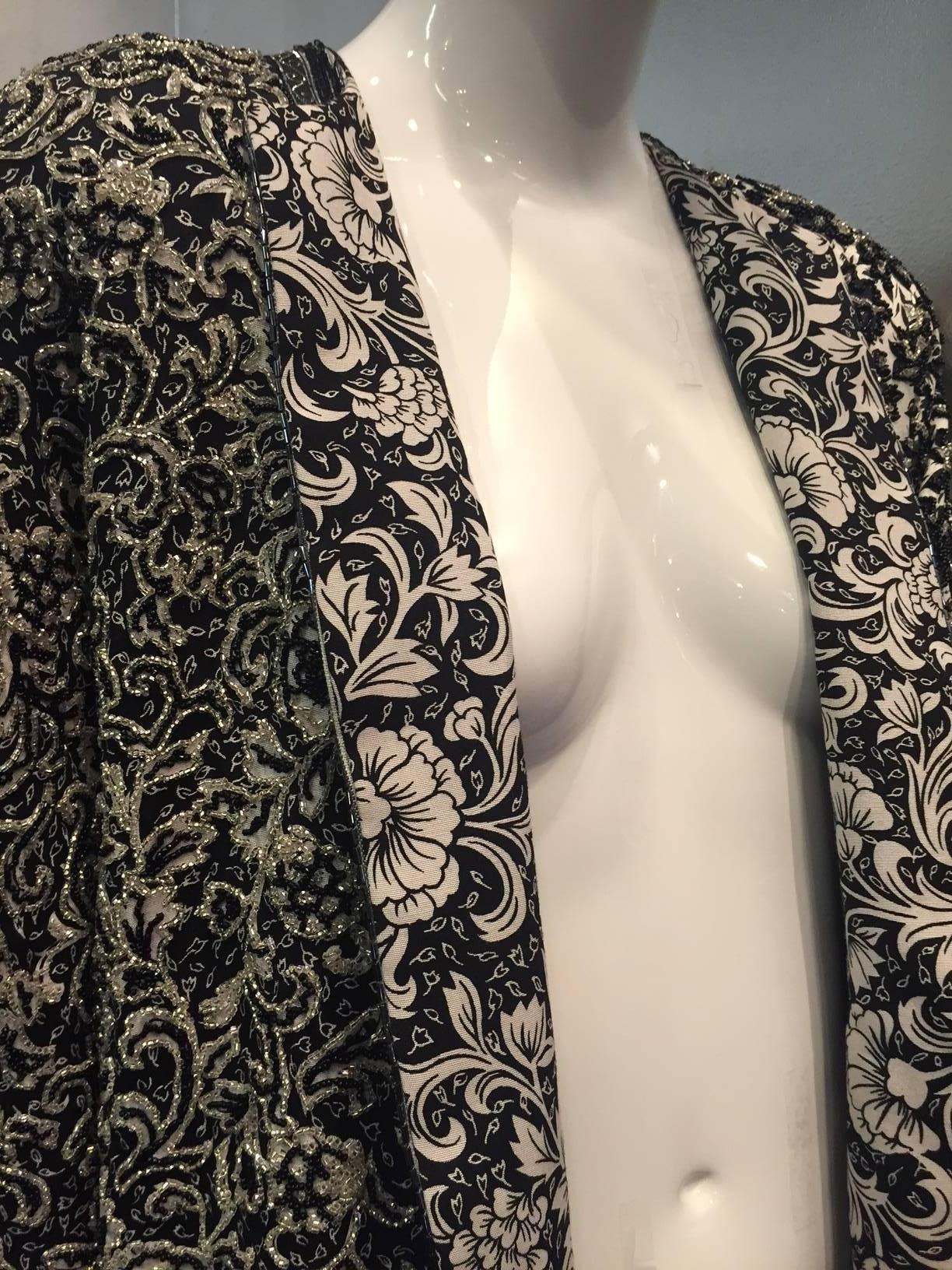 1980s Galanos Dolman Sleeved Heavily Beaded Black/White Floral Evening Jacket In New Condition In Gresham, OR