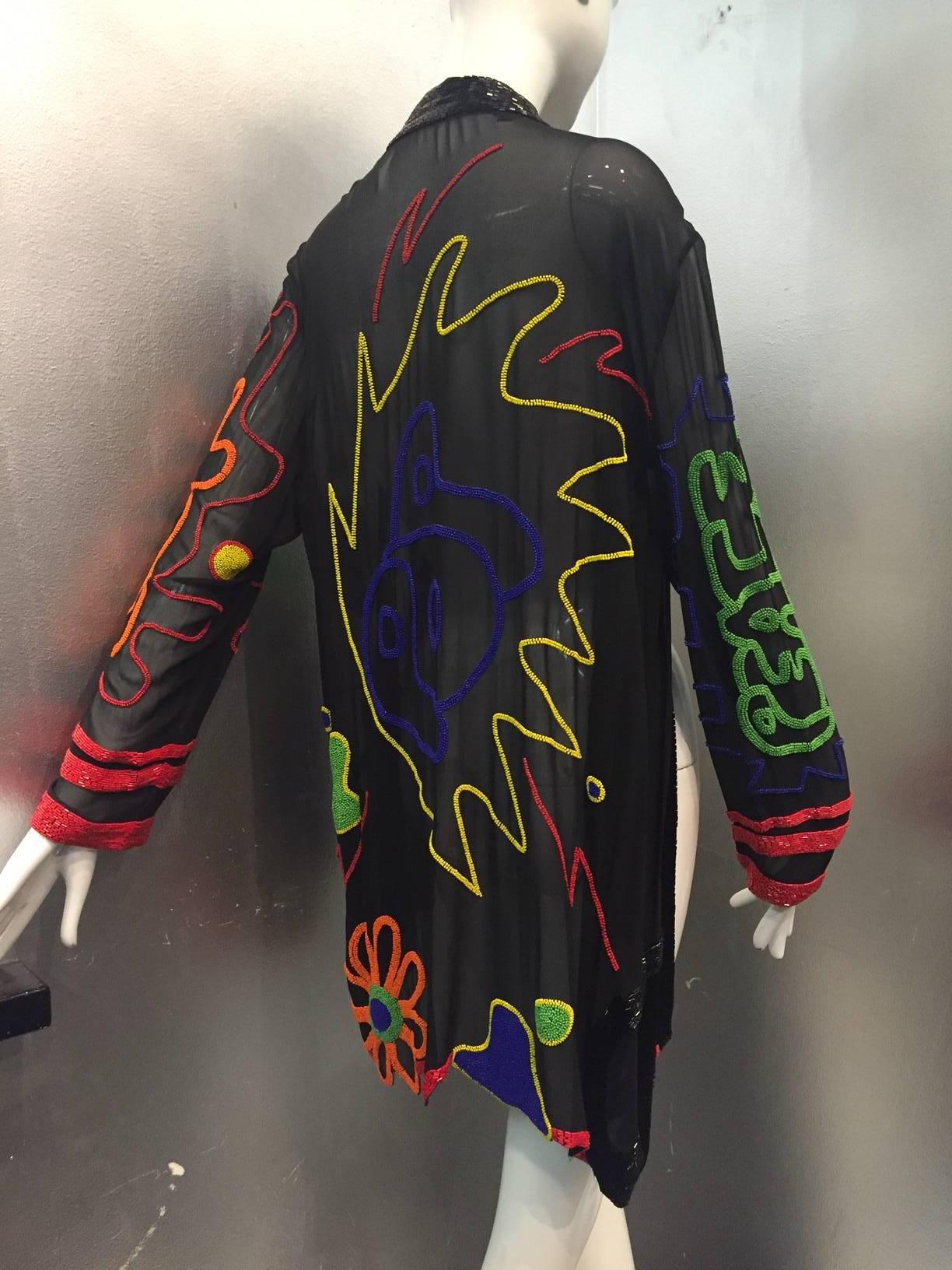 Women's 1980s Fabrice Silhouette Silk Chiffon Jacket with Bead Graffiti Motifs