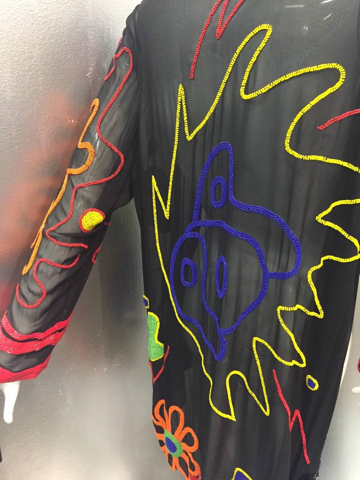 1980s Fabrice Silhouette Silk Chiffon Jacket with Bead Graffiti Motifs 1