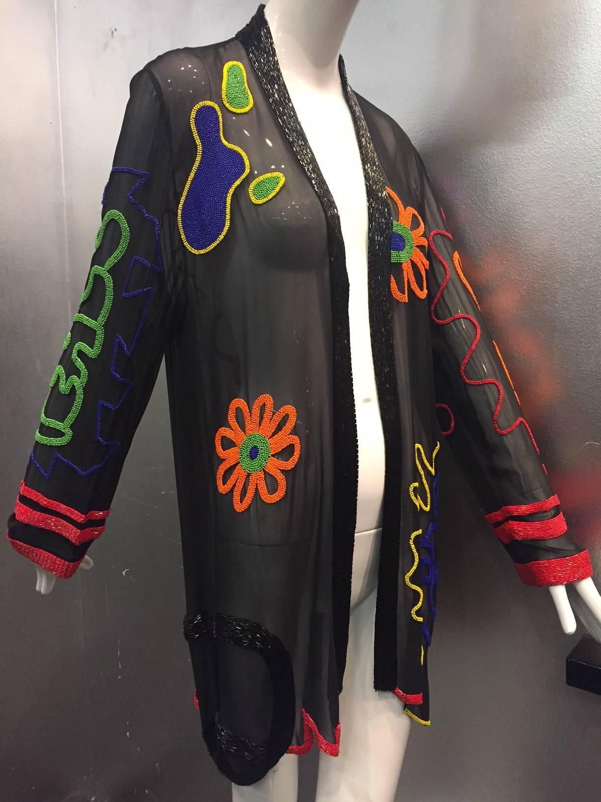 1980s Fabrice Silhouette Silk Chiffon Jacket with Bead Graffiti Motifs 3