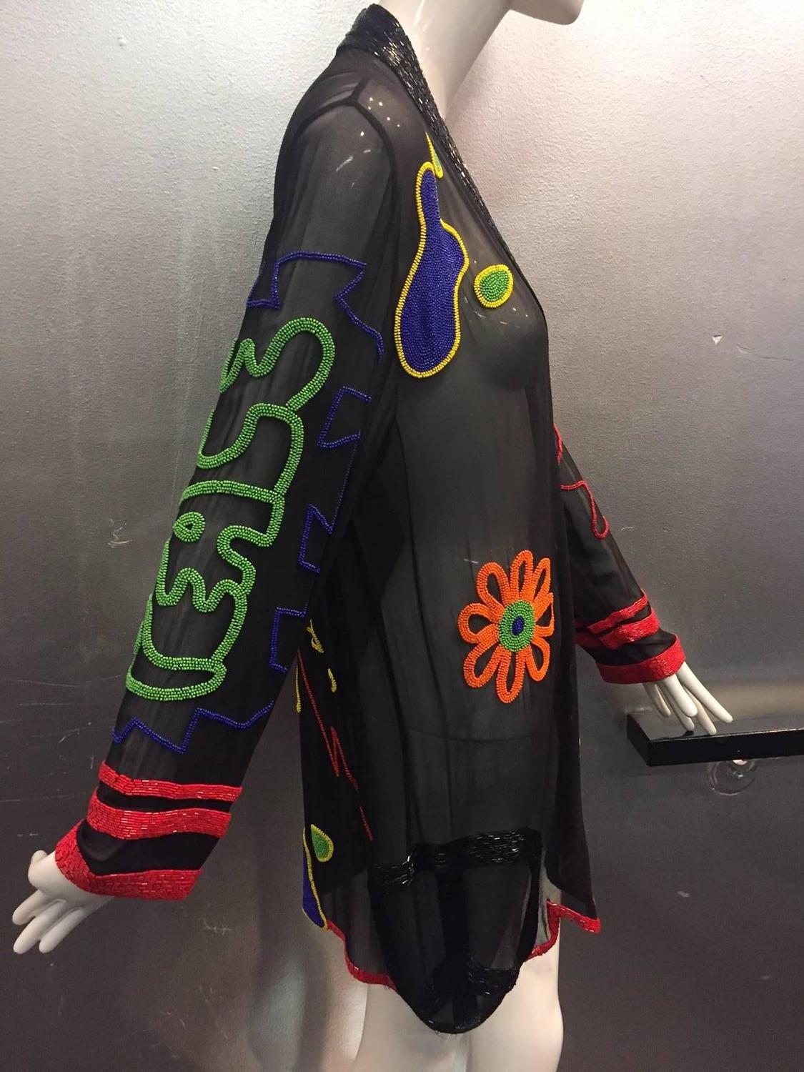 1980s Fabrice Silhouette Silk Chiffon Jacket with Bead Graffiti Motifs