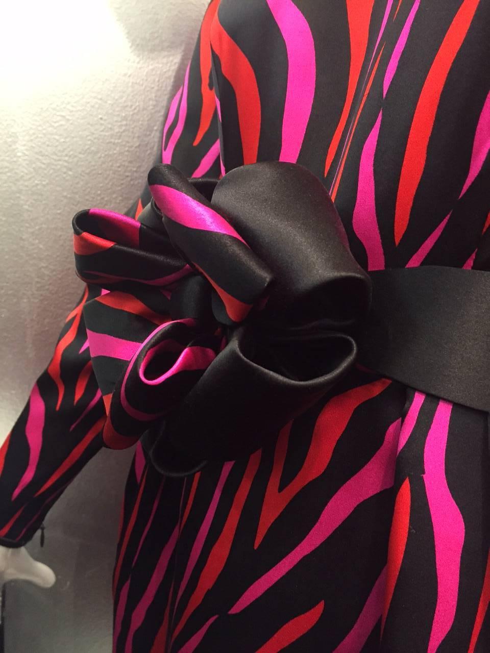 1980s Stanley Platos - Martin Ross Red Fuchsia and Black Zebra Silk Satin Dress In Excellent Condition For Sale In Gresham, OR