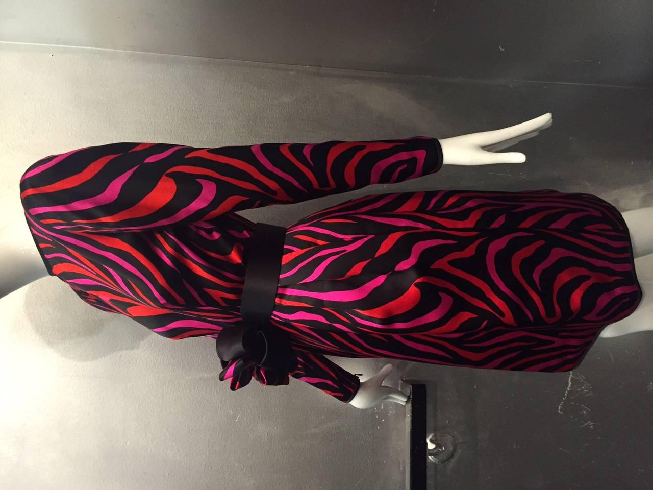 1980s Stanley Platos - Martin Ross Red Fuchsia and Black Zebra Silk Satin Dress For Sale 1