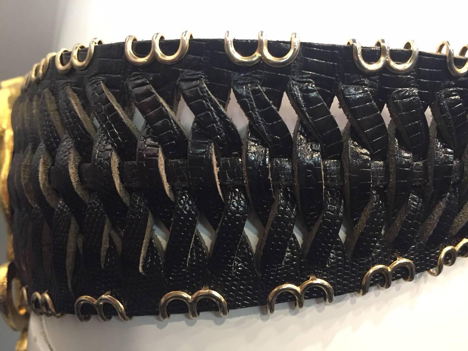 Women's or Men's 1985 José Cotel Black Woven Leather Hip Belt w/ Gold-Tone Leopard 