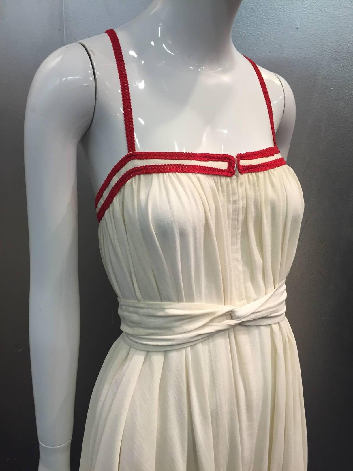 Beige 1970s Ungaro Parallele Muslin Peasant-Style Maxi Dress w/ Red Braid Trim
