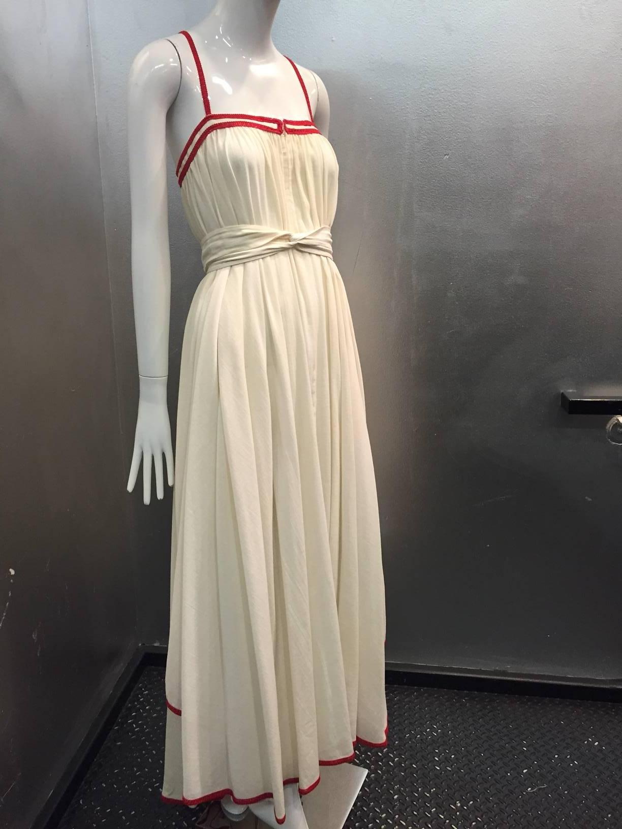 1970s Ungaro Parallele Muslin Peasant-Style Maxi Dress w/ Red Braid Trim In Excellent Condition In Gresham, OR