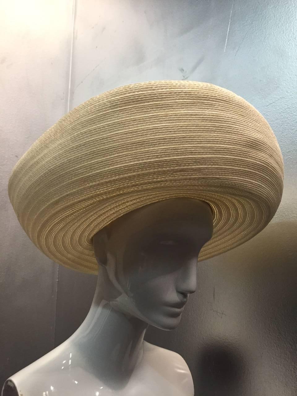 Beige 1960s Adolfo Cream Straw Hat w/ Wide Turned Up Brim