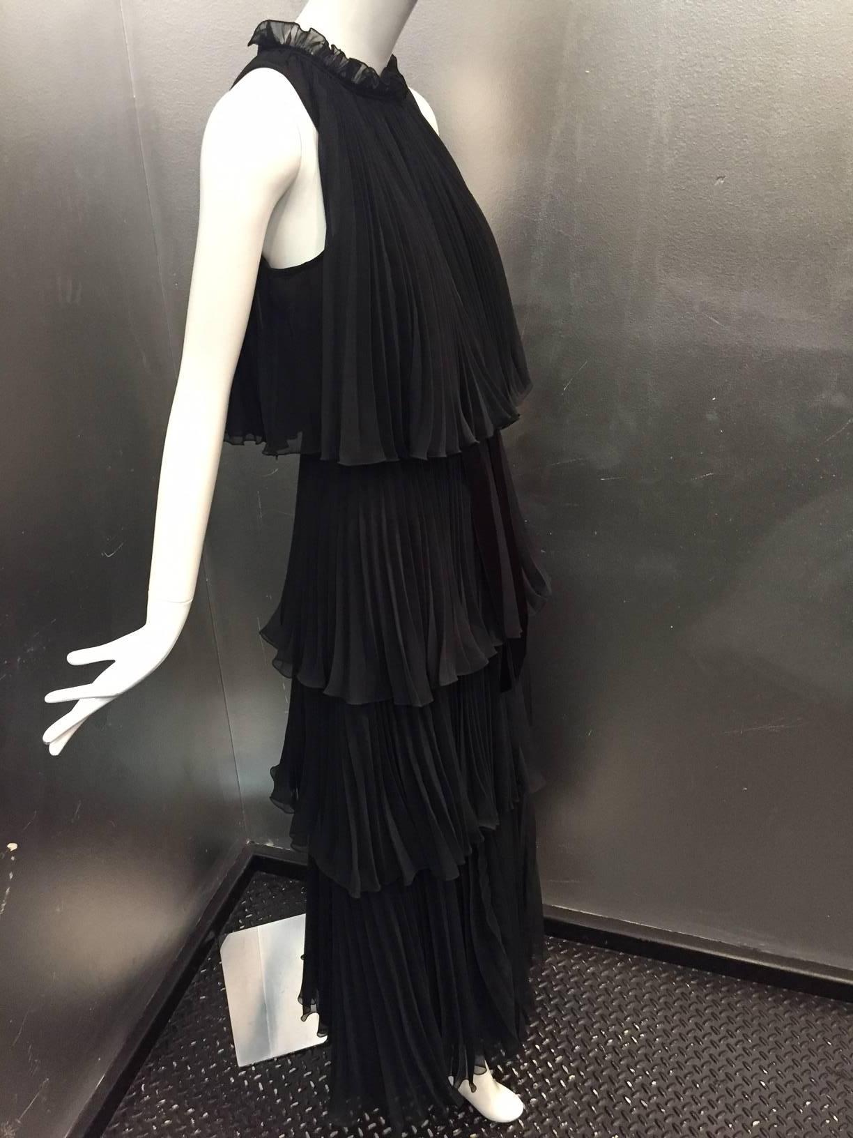 Black 1970s Jean Varon Pleated and Tiered Crepe Chiffon Evening Gown