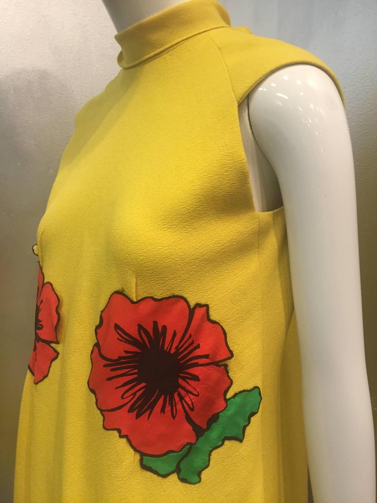 1960s Pauline Trigere Lemon Yellow Trapeze Mini w/ Poppy Appliqués 2