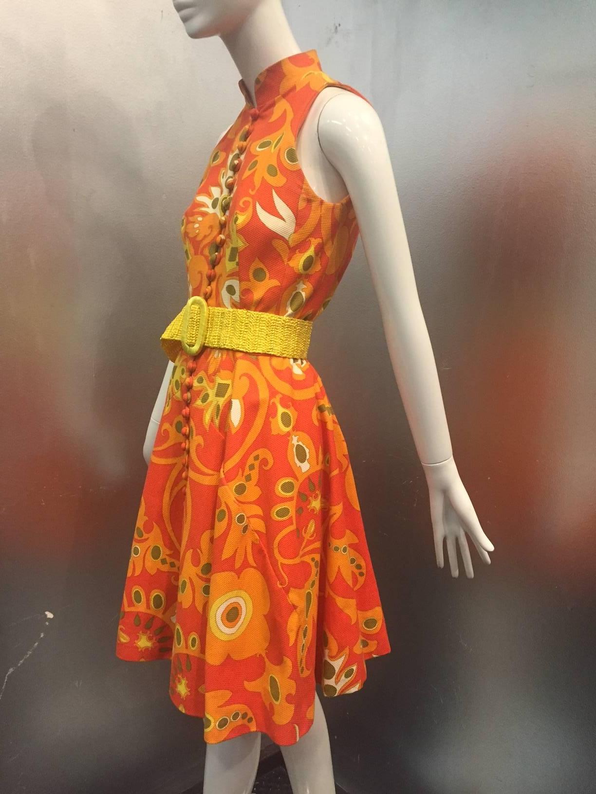 Orange 1960s Geoffrey Beene Cotton Piqué Mod Print Mini Dress