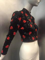 1980s Loris Azzaro Black and Red Heart Motif Sequin Jacket w/ Mandarin Collar