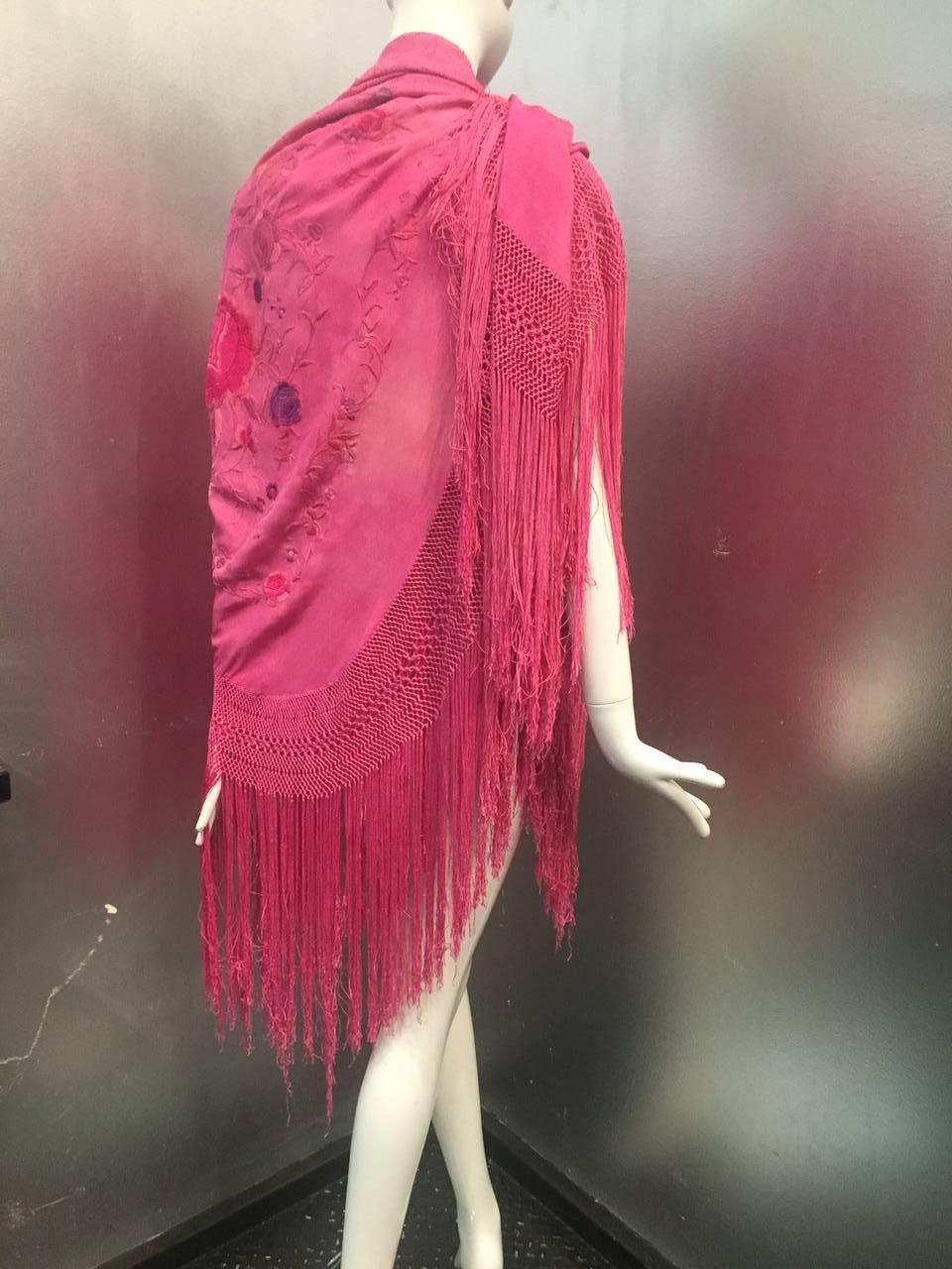 Pink 1920s Over-Dyed Spanish Floral Embroidered Shawl w/ Long Fringe