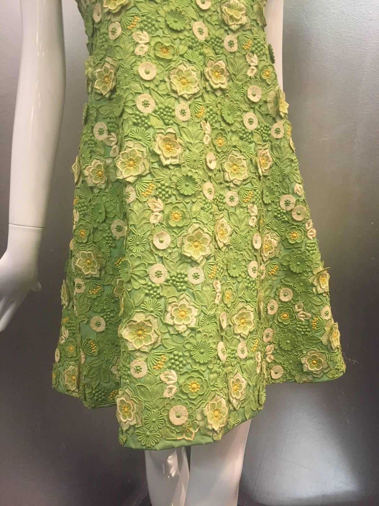 Brown 1960s Arnold Scaasi Apple Green Silk Appliqué Lace Mini Dress w/ Bolero Jacket
