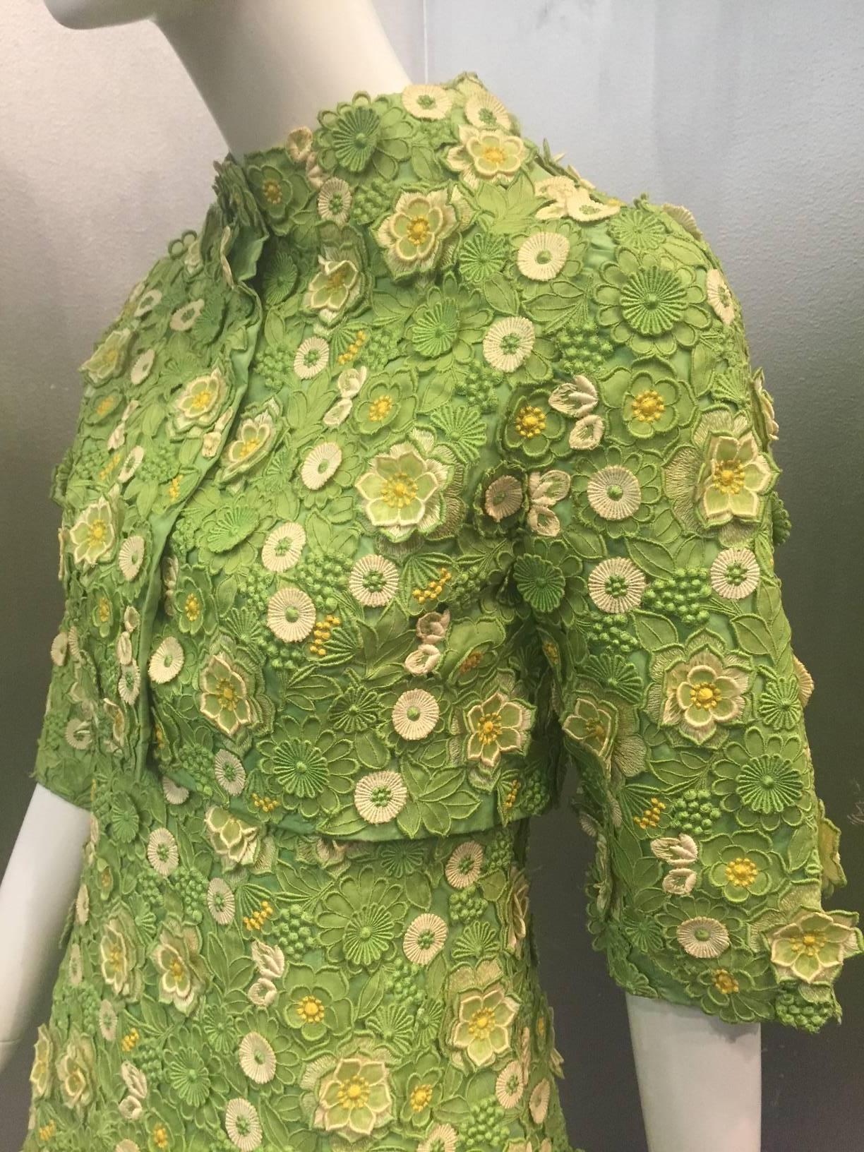 1960s Arnold Scaasi Apple Green Silk Appliqué Lace Mini Dress w/ Bolero Jacket 2