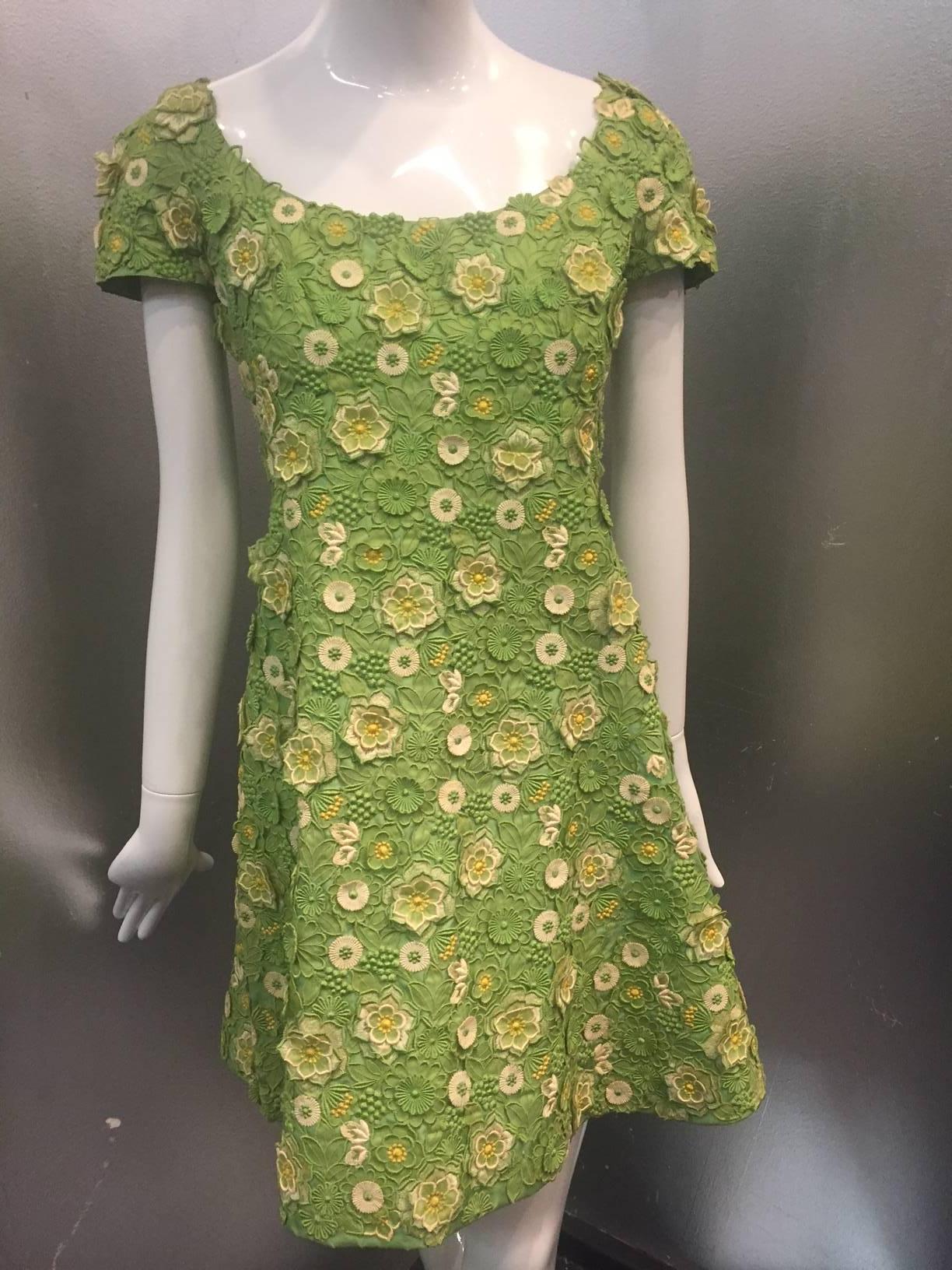 1960s Arnold Scaasi Apple Green Silk Appliqué Lace Mini Dress w/ Bolero Jacket 1