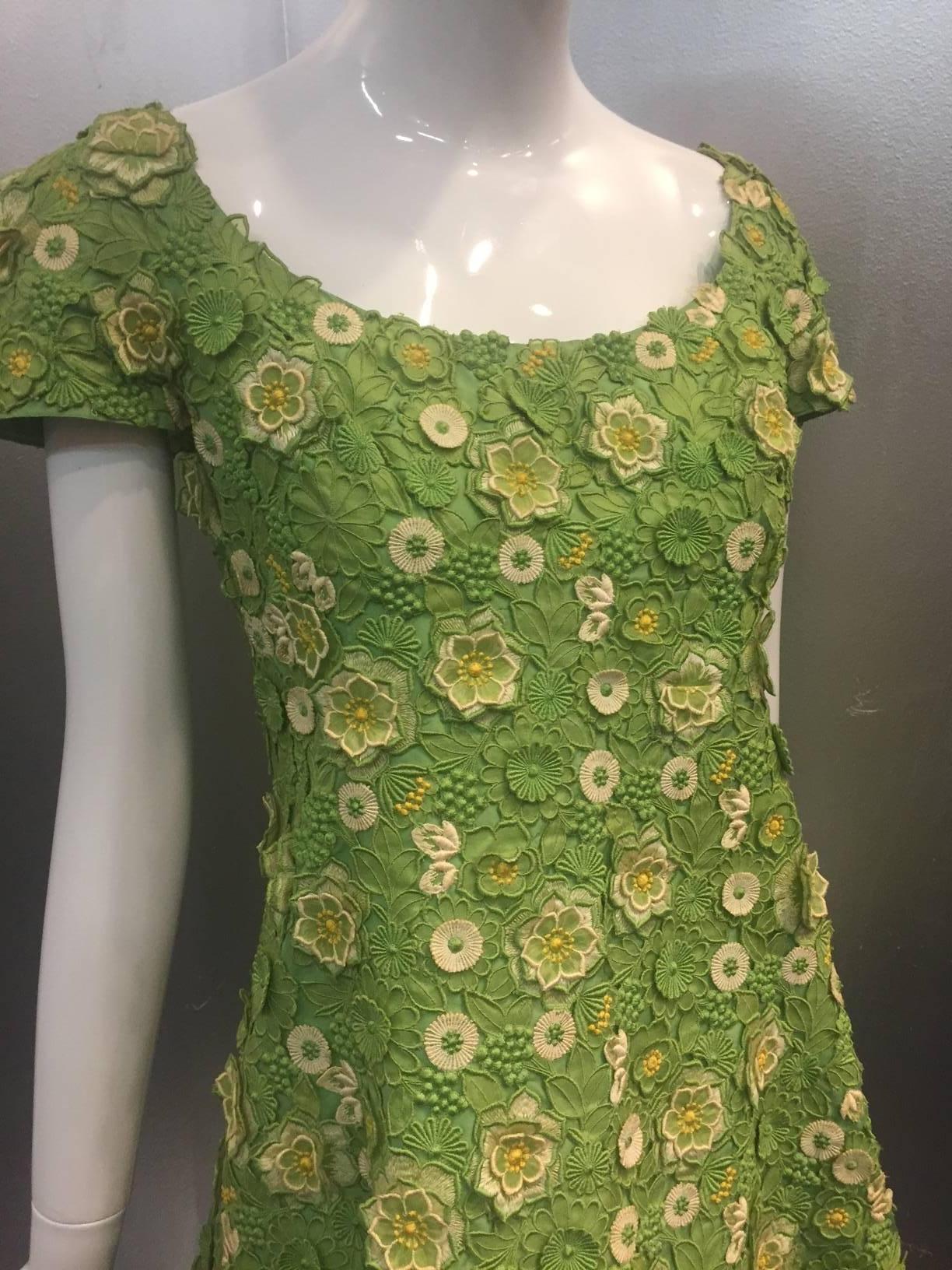 Women's 1960s Arnold Scaasi Apple Green Silk Appliqué Lace Mini Dress w/ Bolero Jacket