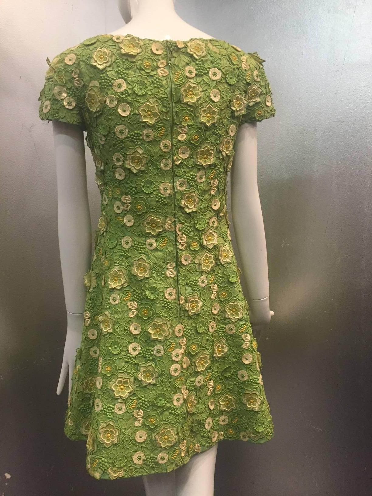 1960s Arnold Scaasi Apple Green Silk Appliqué Lace Mini Dress w/ Bolero Jacket 3