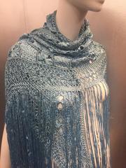 1970s Sky Blue Macramé Rayon Ribbon Fringed Shawl