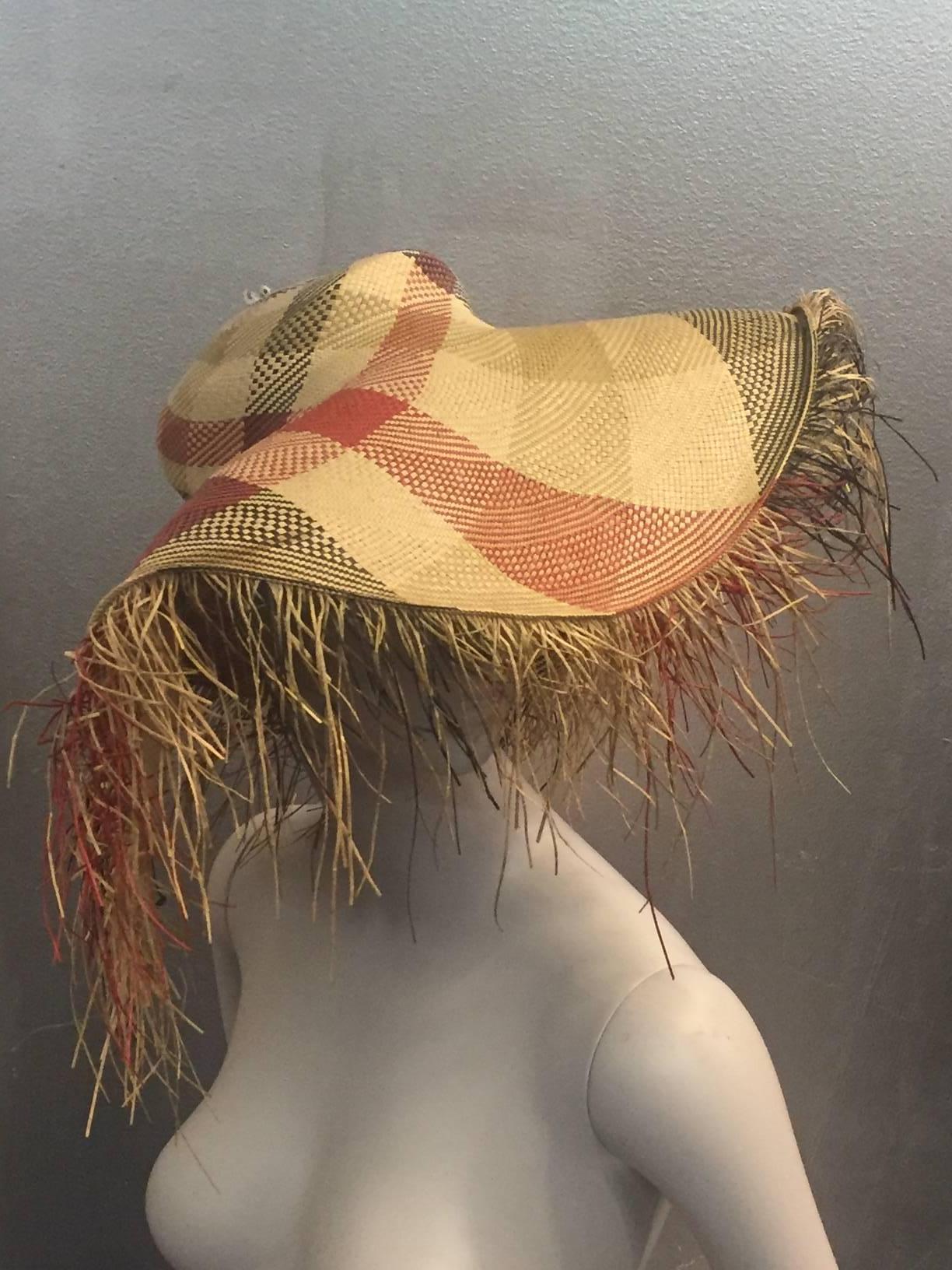 Women's 1940s Woven Plaid Straw Sun Hat with Dramatic Straw Fringed Brim 