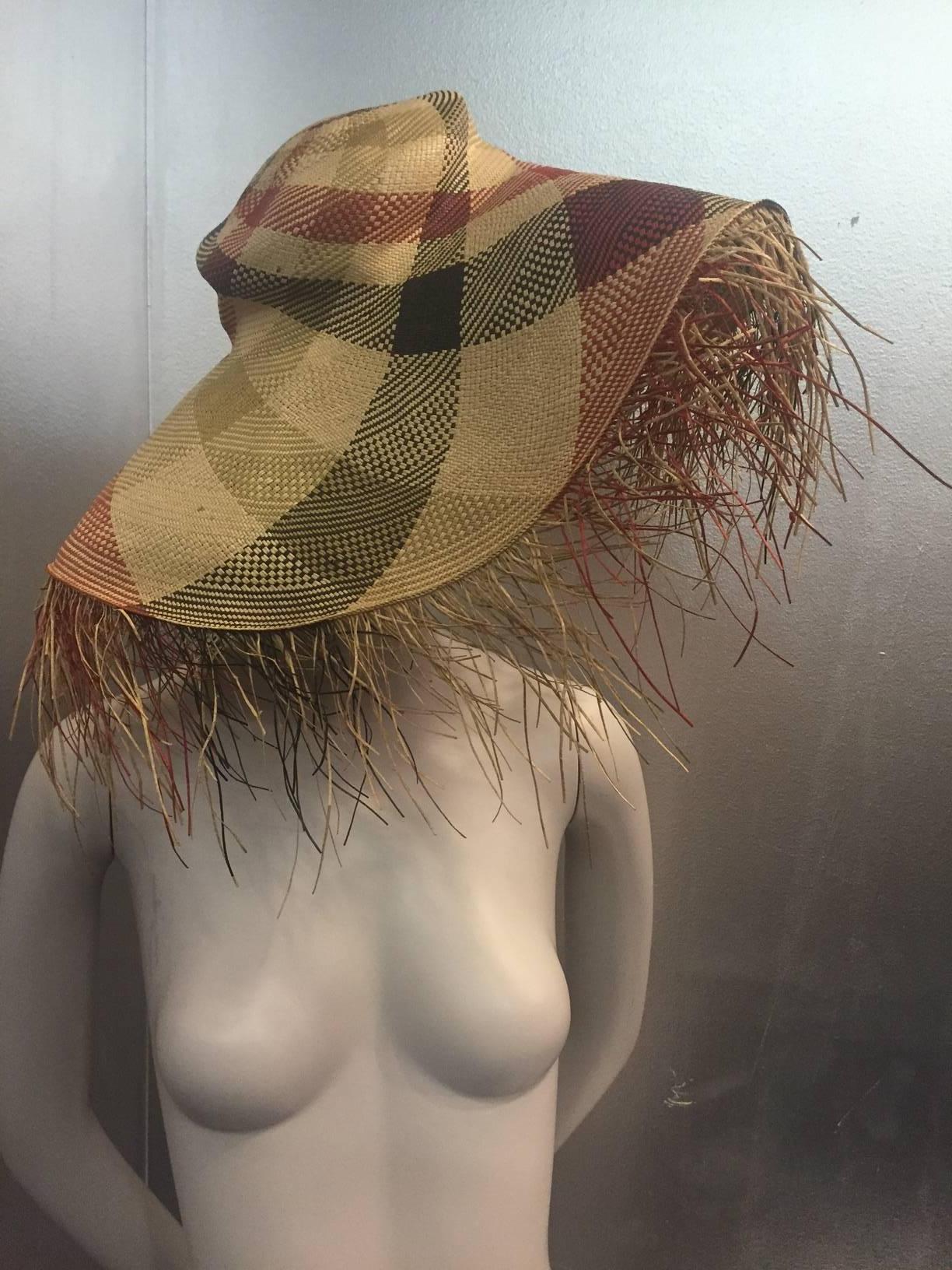 Beige 1940s Woven Plaid Straw Sun Hat with Dramatic Straw Fringed Brim 