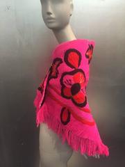 1960s Fluorescent Pink Yarn Embroidered Floral Wool Shawl w/ Fringe