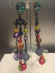 1980s French Acrylic Bead Shoulder Duster Chandelier Earrings