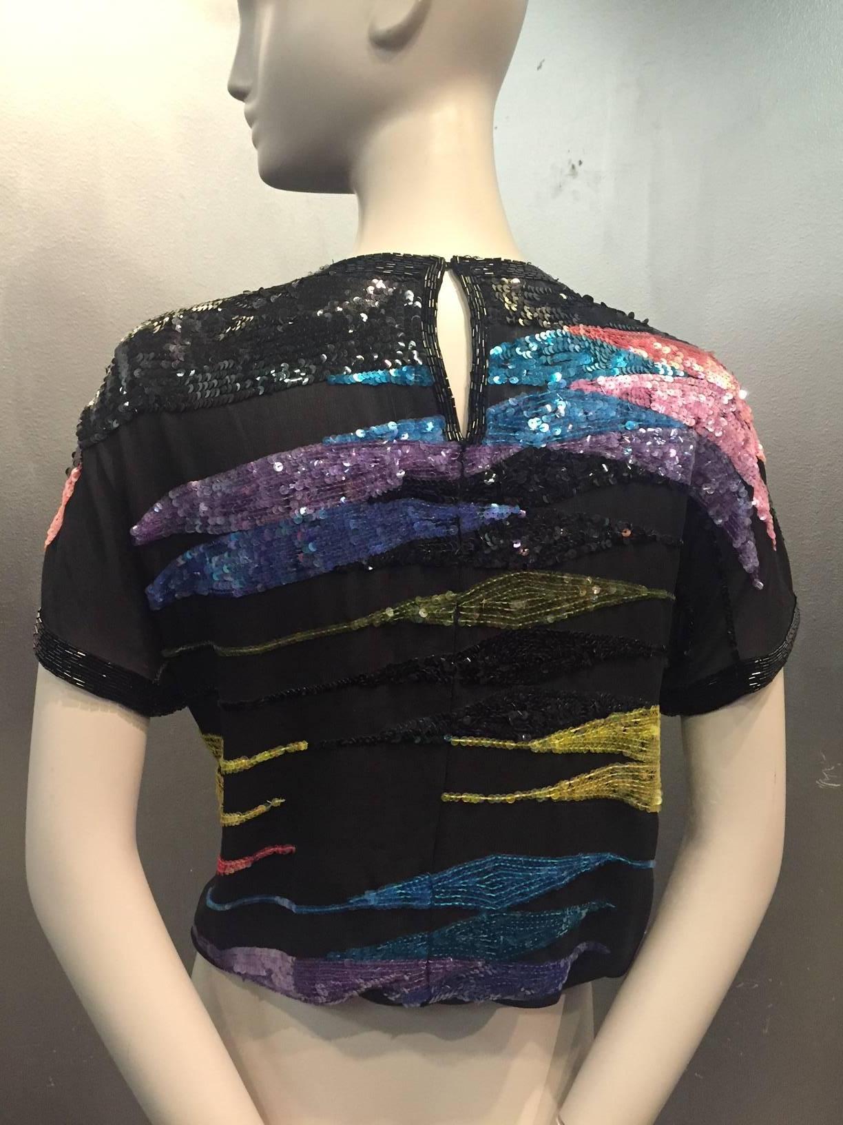 Black 1980s Neil Bieff Silk Sequined Disco 