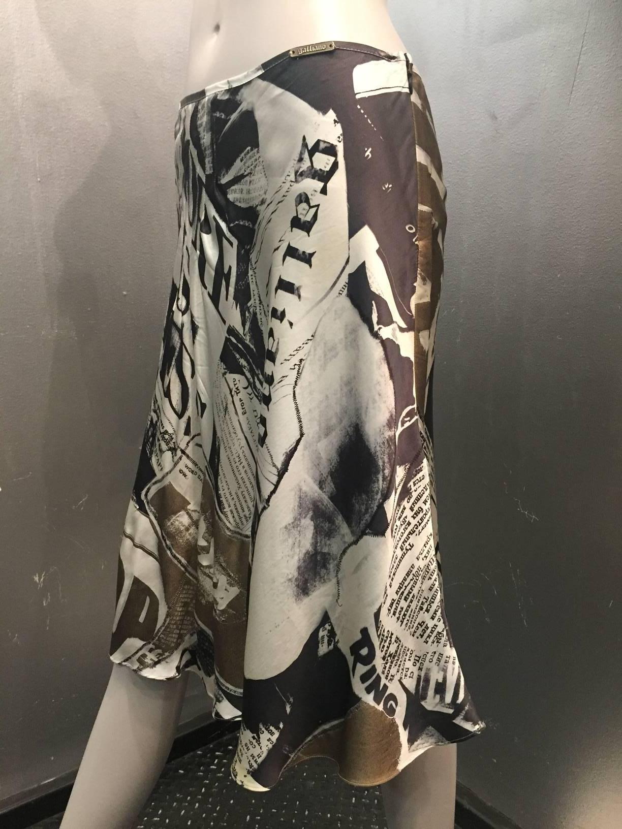 Iconic John Galliano News Paper Print Bias Silk Satin Half Slip Skirt.  Side Zipper