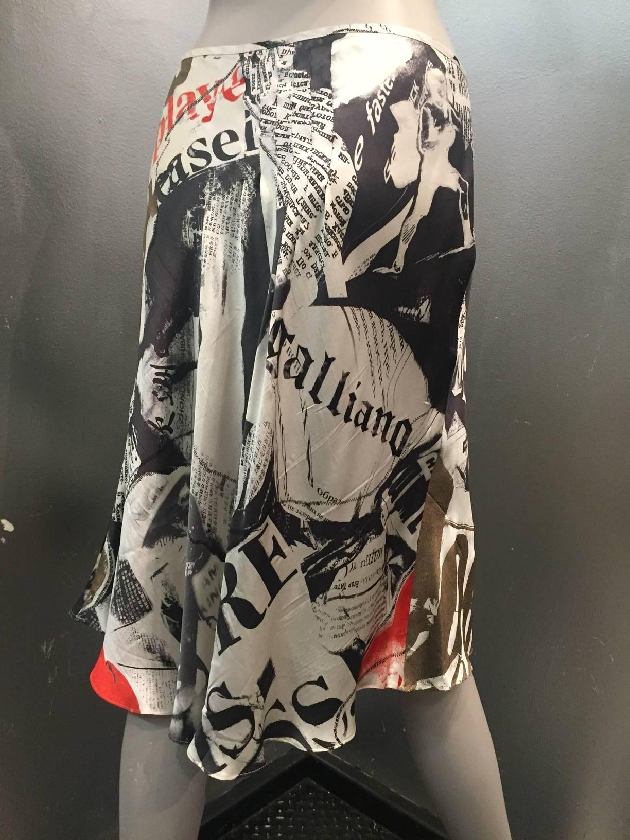 Iconic Galliano News Paper Print Bias Silk Satin Half Slip Skirt In Excellent Condition In Gresham, OR