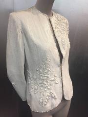 1980s Galanos White Solid Sequined Evening Blazer w Raised Beaded Pattern