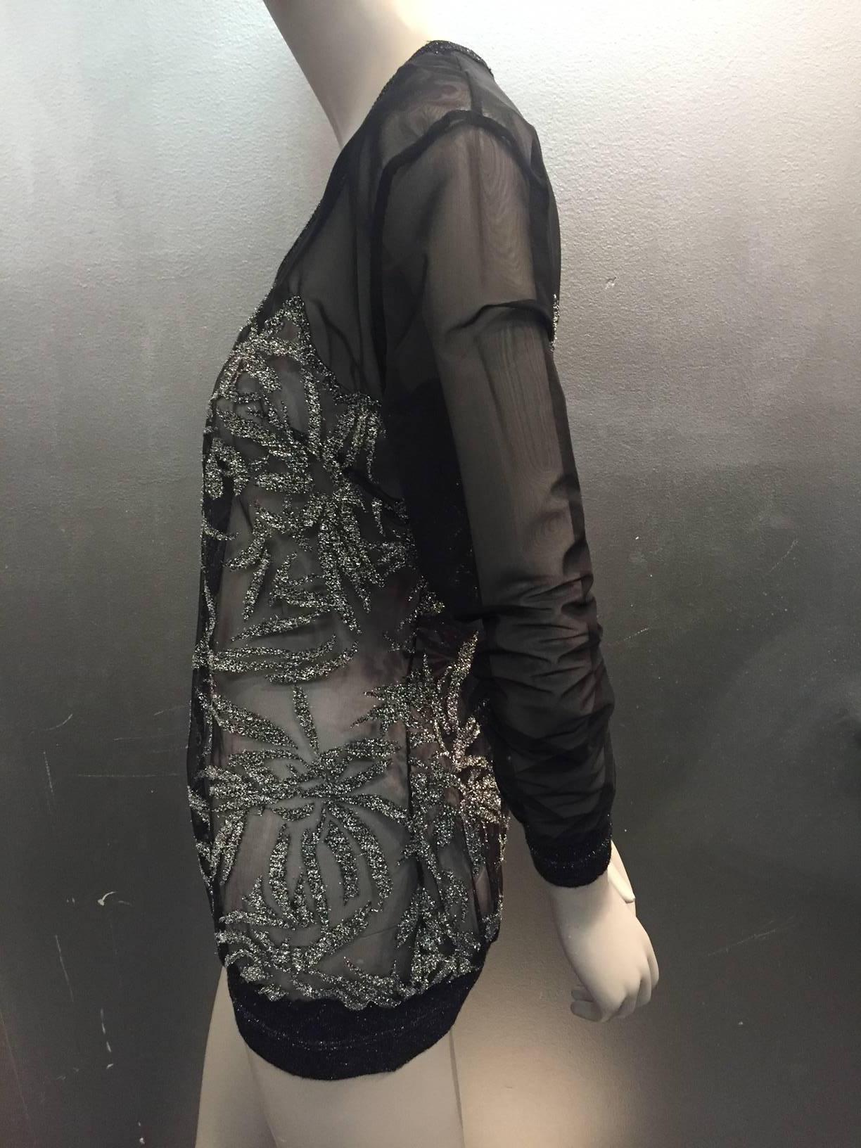1990s Gianfranco Ferre sheer net and silver lame pullover in a bamboo pattern with banded hem, sleeves and neckline. 