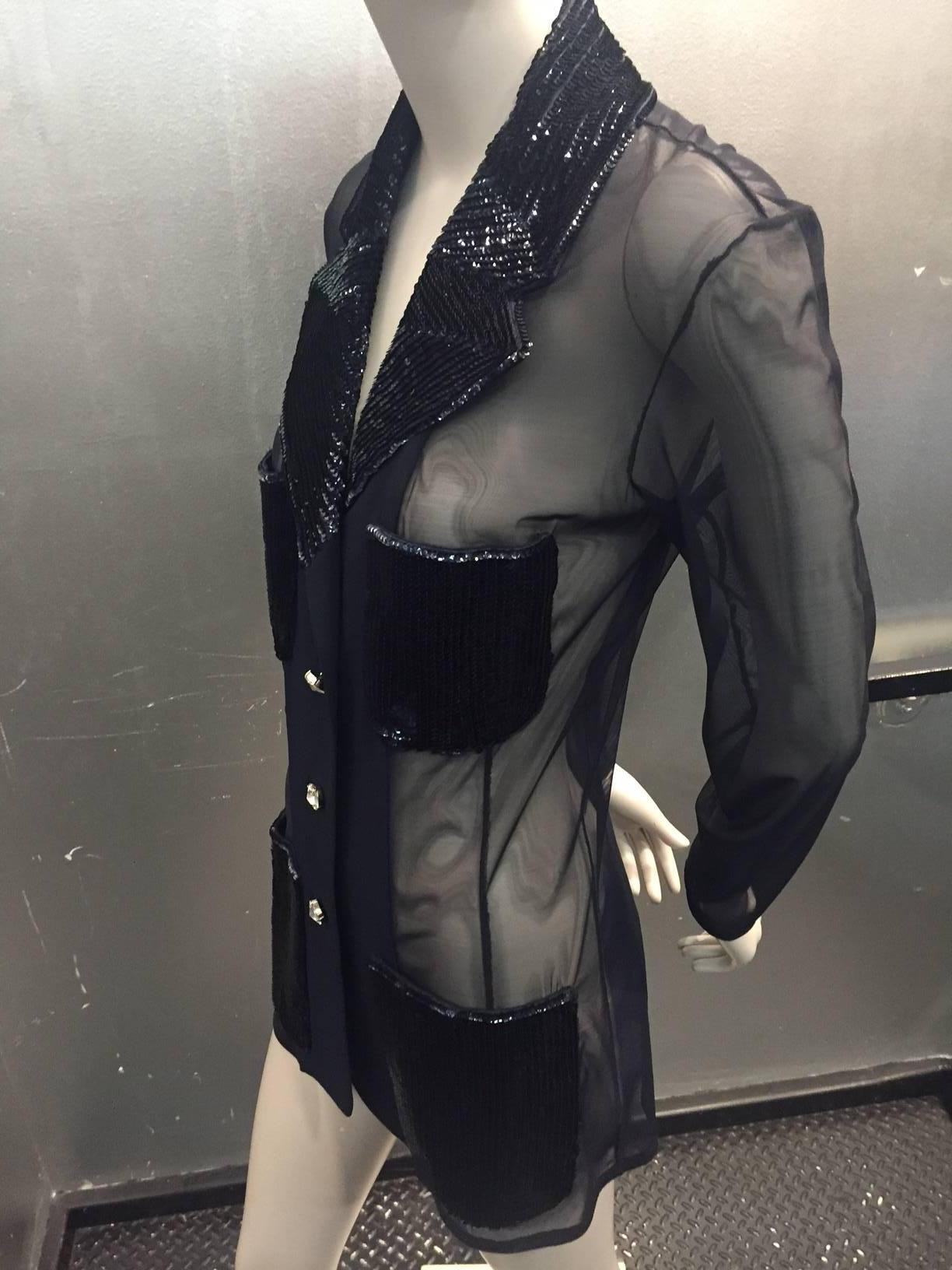 Black 1990s Gianfranco Ferre Navy Sheer Net Blazer w Sequined Patch Pockets and Lapel For Sale