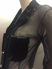 1990s Gianfranco Ferre Navy Sheer Net Blazer w Sequined Patch Pockets and Lapel