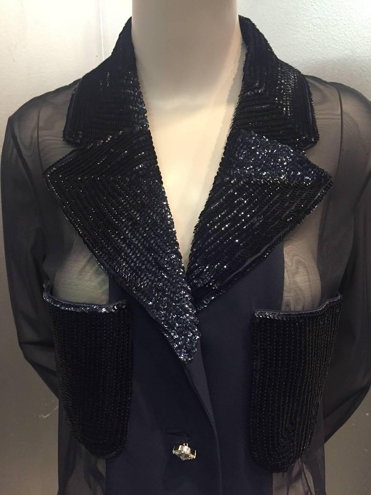 1990s Gianfranco Ferre Navy Sheer Net Blazer w Sequined Patch Pockets and Lapel In Excellent Condition For Sale In Gresham, OR