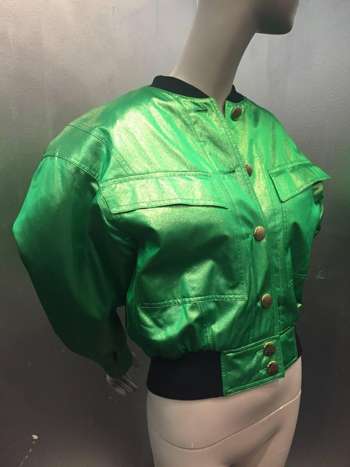 1980s Margaretha Ley for Escada acid green silk lame bomber jacket lined with multicolor heart print. Front pockets, button front and black knit collar and hem.
