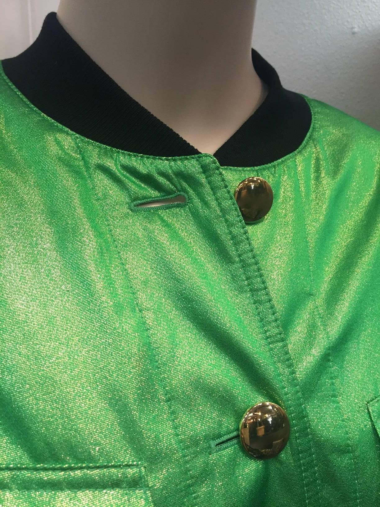 Women's 1980s Escada Acid Green Silk Lame Bomber-Style Jacket w/ Heart Print Lining 