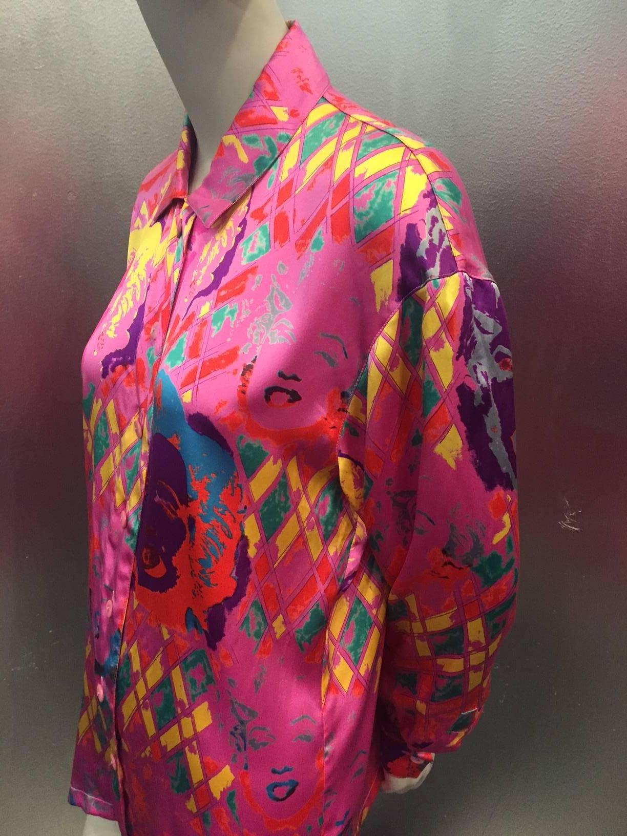 1990s Escada Iconic Warhol Marilyn Monroe Print Silk Blouse. In Excellent Condition In Gresham, OR