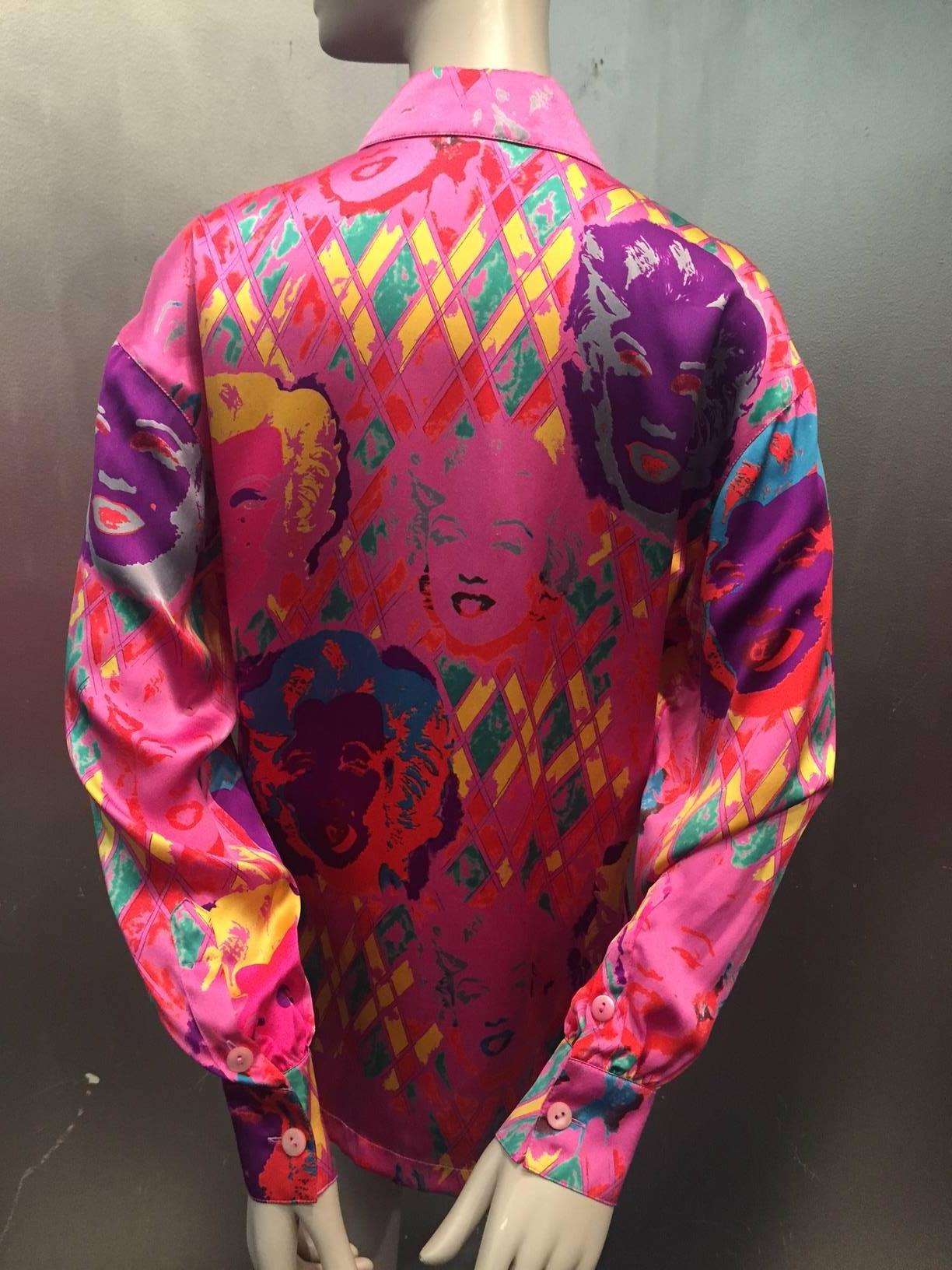 Brown 1990s Escada Iconic Warhol Marilyn Monroe Print Silk Blouse.