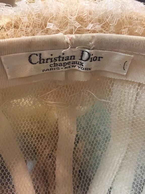1960s Christian Dior White Straw and Net Turban Dome w Pastel Silk ...