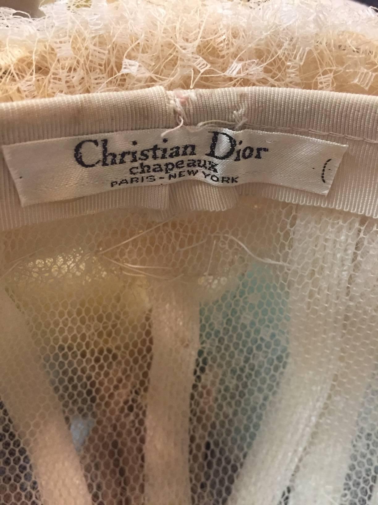 1960s Christian Dior White Straw and Net Turban Dome w Pastel Silk Flower Tassel 1