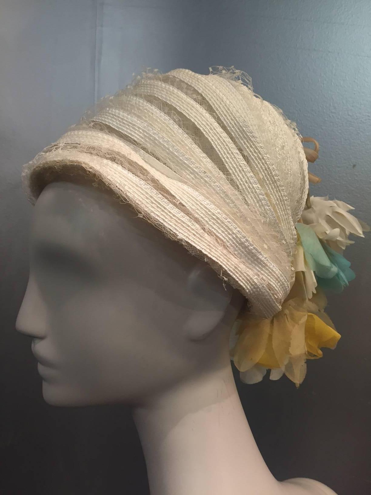 Brown 1960s Christian Dior White Straw and Net Turban Dome w Pastel Silk Flower Tassel