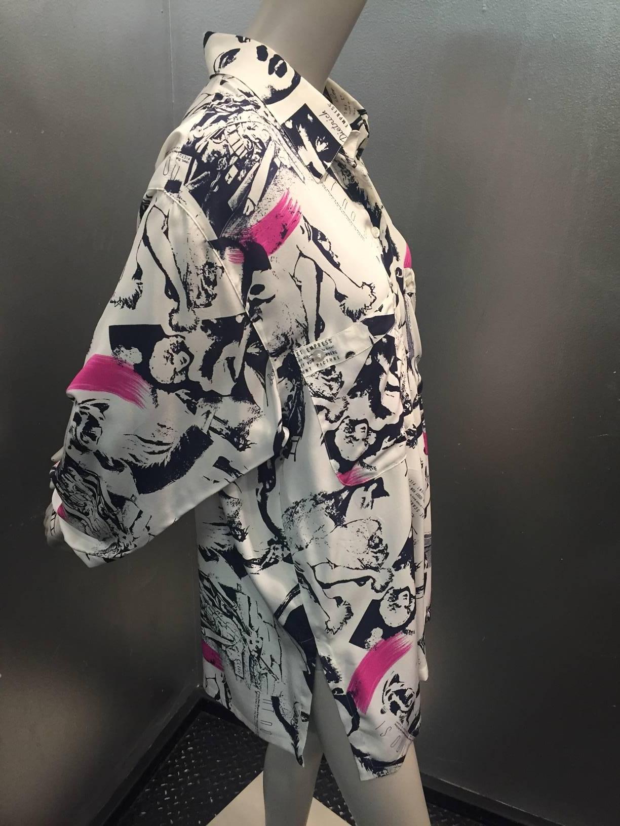 1990s Margaretha Ley for Escada iconic movie star print blouse in cream, navy and hot pink slashes.  Dolman sleeve, deep center pleat in back for a swing effect. Large front pockets. Dietrich!  Garbo!  Mae West! Chaplin! 