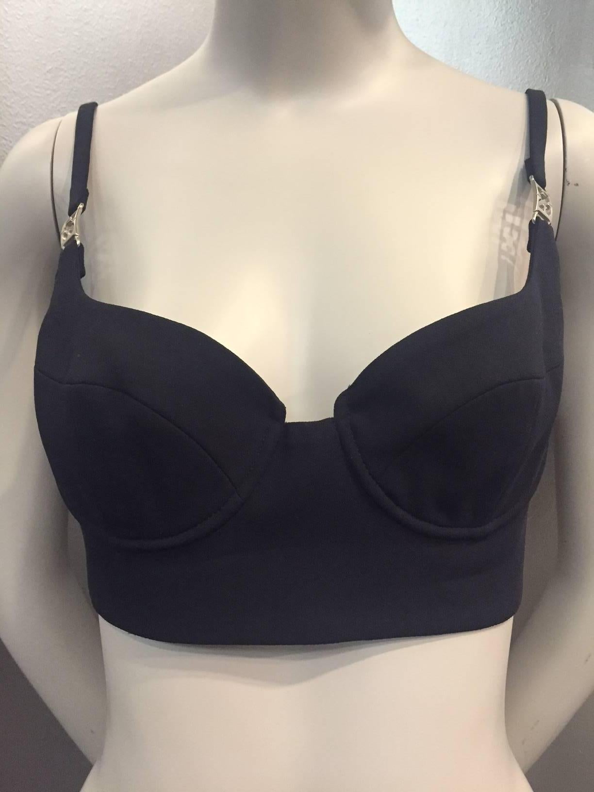 A sexy and tailored 1990s Margaretha Ley for Escada lingerie-style navy light weight wool gabardine bra top with silver-tone logo on strap. Hook and eye closure. 