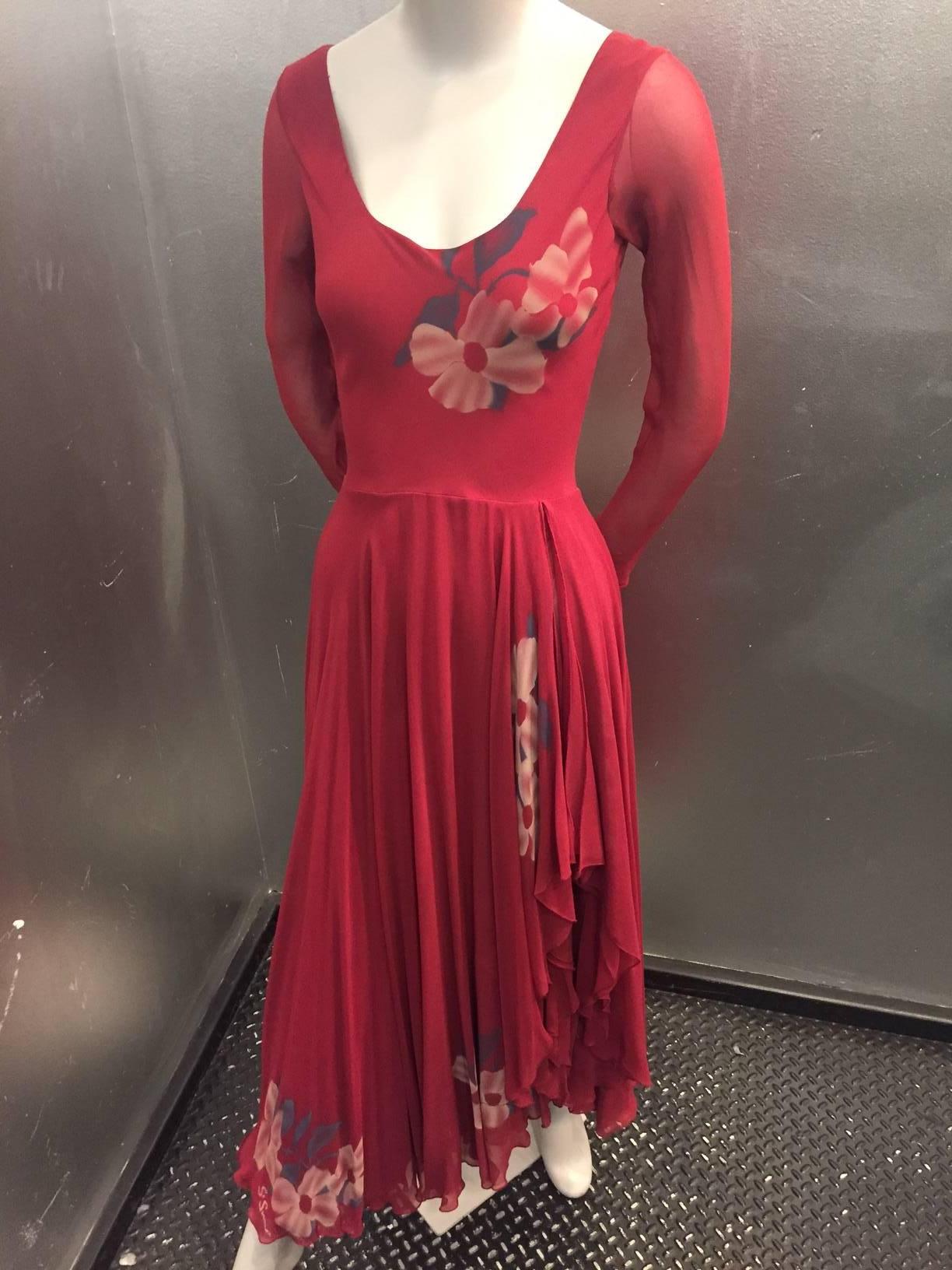 1970s Merlot Rayon Crepe Dancing Dress w/ High Slit Wrap Skirt 1