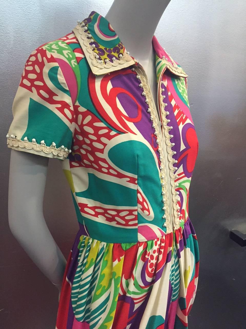 Women's 1960s Oscar de La Renta Abstract Pop-Art Palazzo Jumpsuit w/ Braid Trim