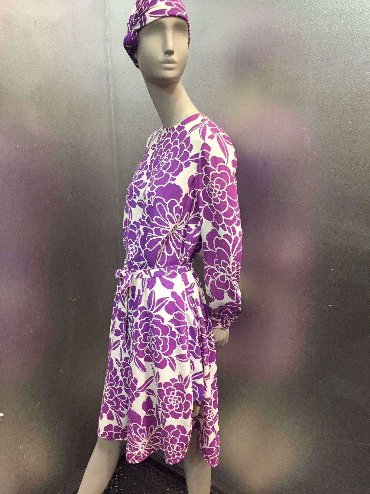 A fabulous 4-piece 1960s Pierre Cardin resort ensemble:  All silk hot pants, bandeau top featured as a turban wrap as an option, belt/sash and cover-up/dress in a gorgeous lilac peony print.  
Cover-up and shorts are lined.  Back zipper on shorts