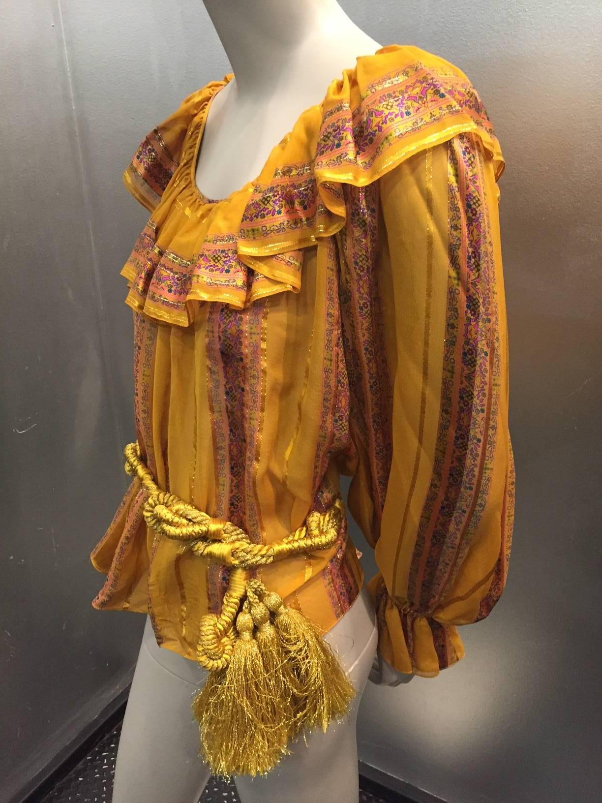 1970s Peasant Blouse in Luxurious Mustard Floral and Lamé Stripe w Belt 2