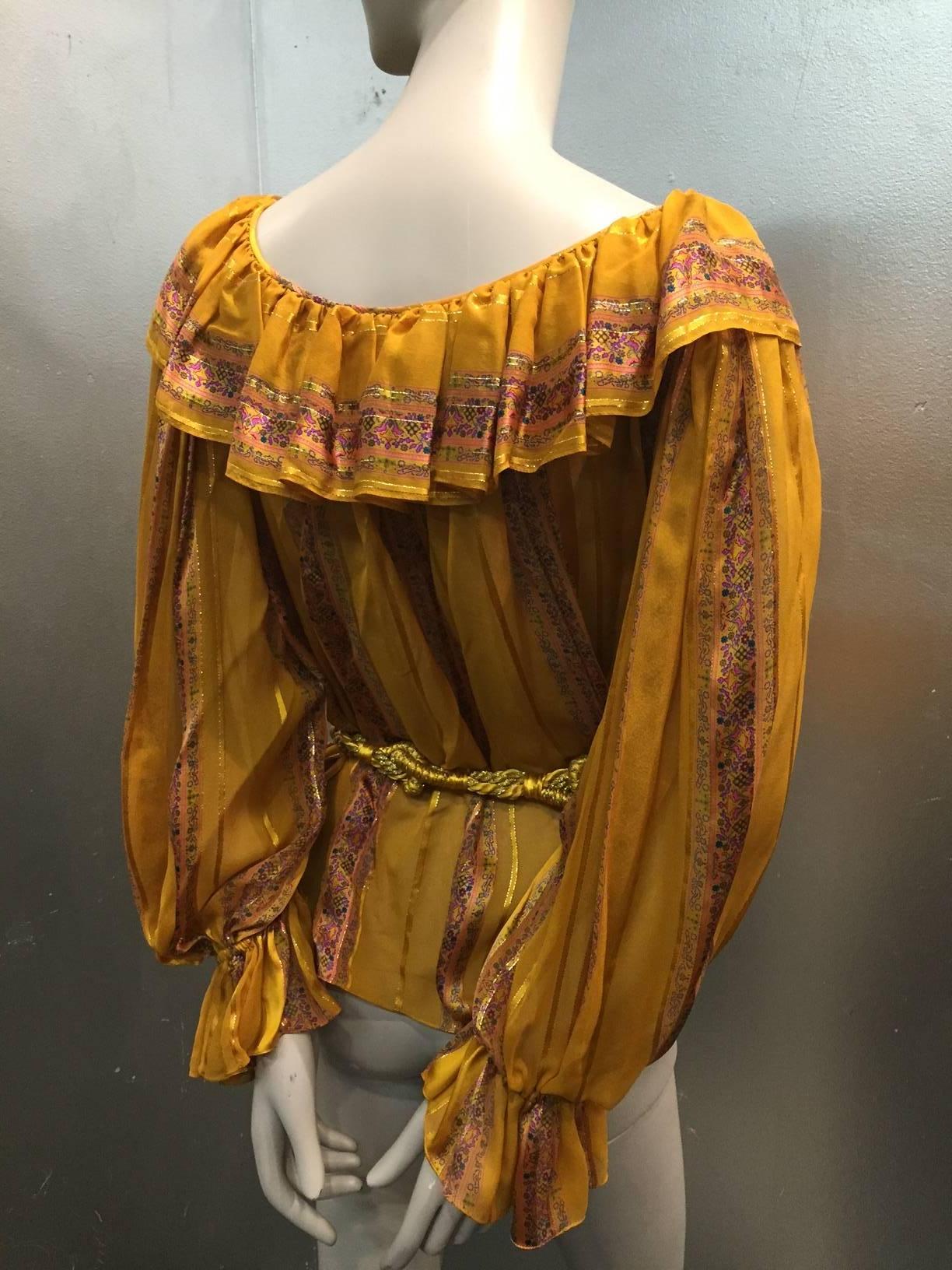 1970s Peasant Blouse in Luxurious Mustard Floral and Lamé Stripe w Belt In Excellent Condition In Gresham, OR