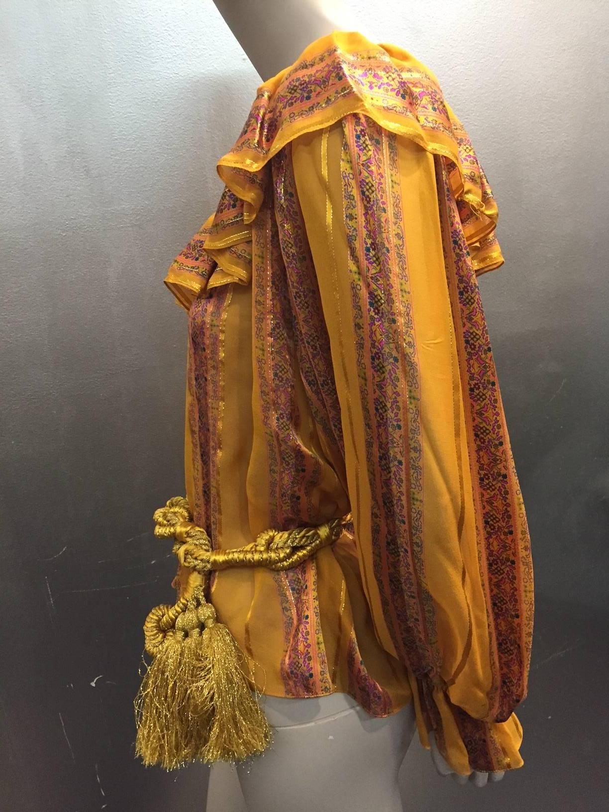 Women's 1970s Peasant Blouse in Luxurious Mustard Floral and Lamé Stripe w Belt
