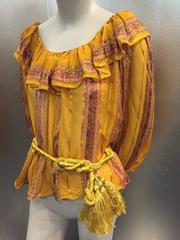 1970s Peasant Blouse in Luxurious Mustard Floral and Lamé Stripe w Belt